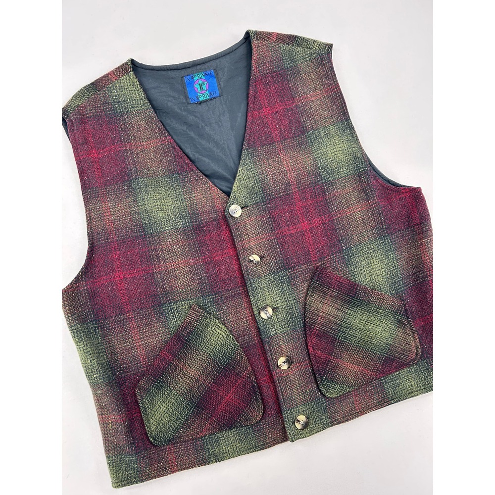 Vintage In Private Mens Large Plaid Vest Green Burgundy Wool Blend